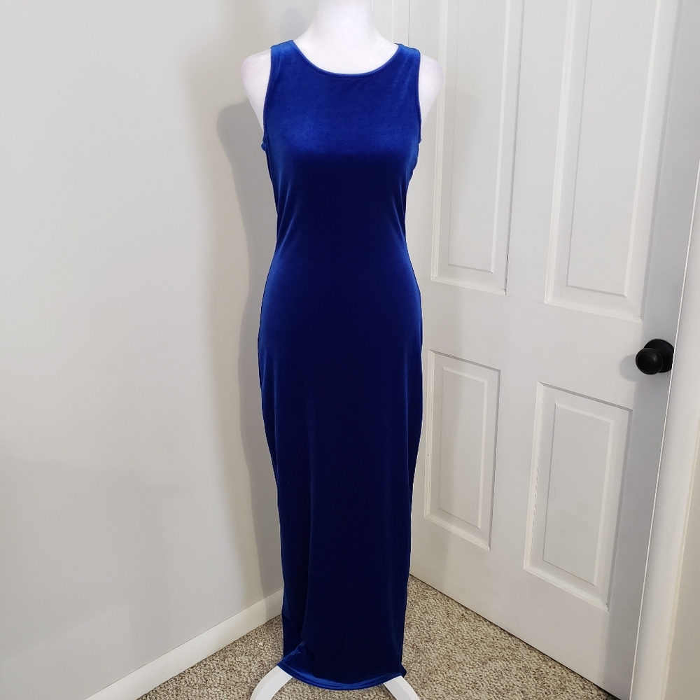 Vintage Urban Girl Velvet Maxi Dress SM‎ Sleeveless Slit Hoco Prom Formal Blue
